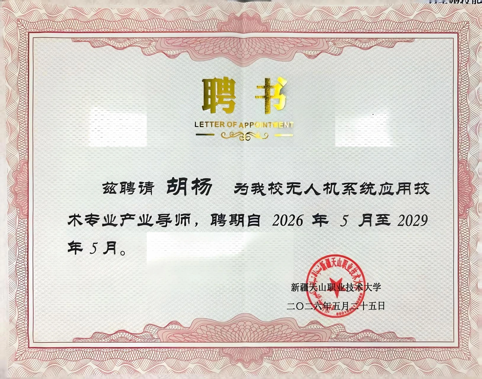 胡杨新疆天山职业技术大学产业导师聘书