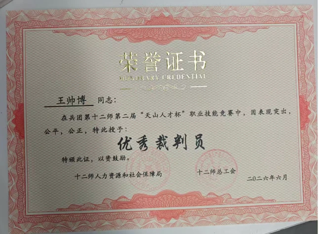 王帅博优秀裁判员荣誉证书
